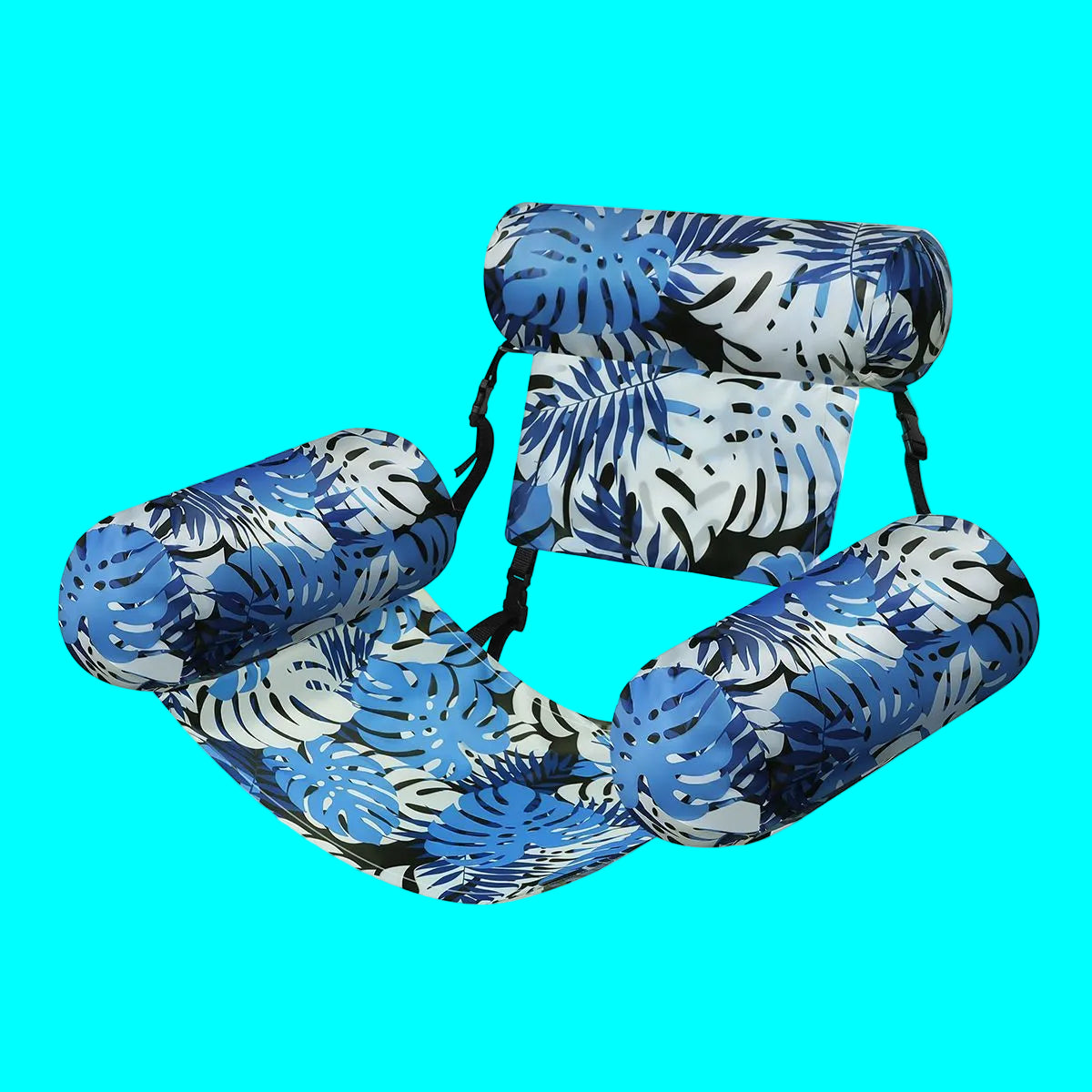 Set of inflatable lounge chairs with blue and white leaf pattern on a white background